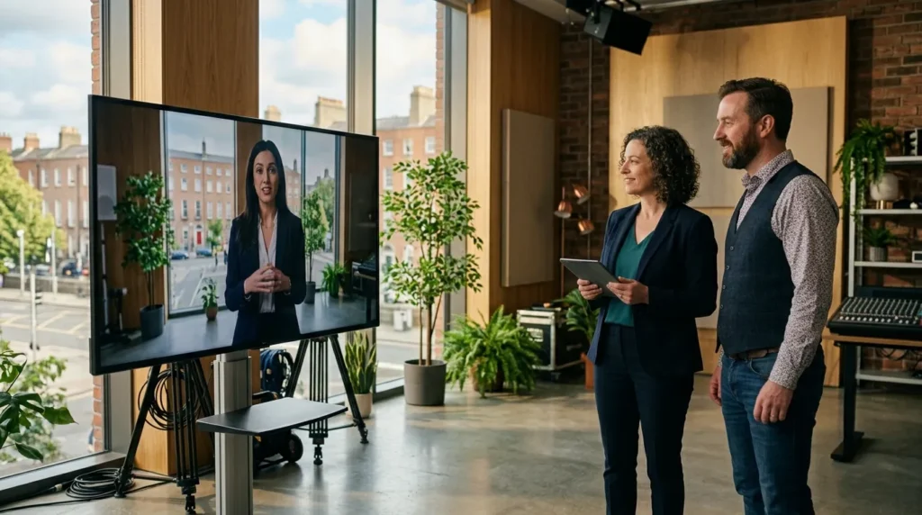 Two professionals reviewing an Acorn Star training video on a large studio monitor in a Dublin creative production space