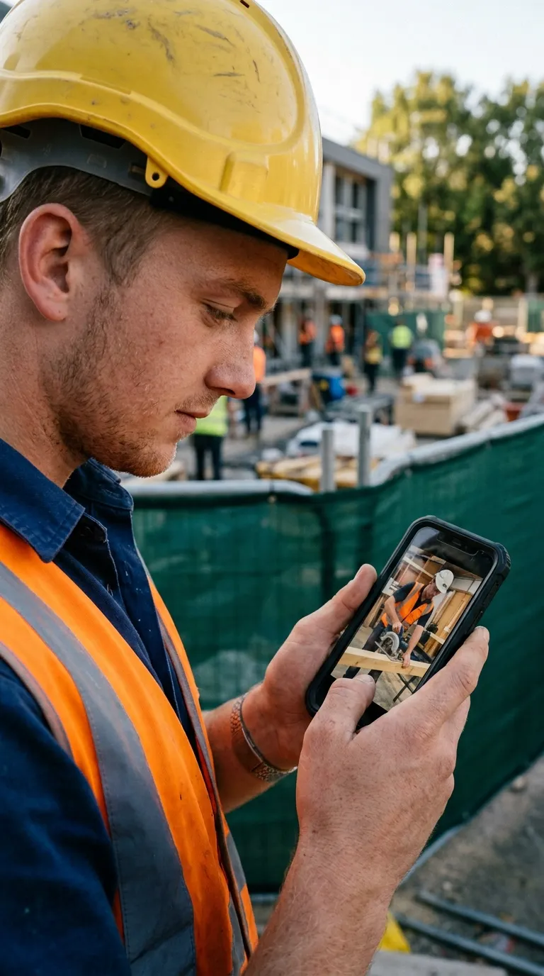 Young construction apprentice in a yellow hard hat and hi-vis vest watching a safety training video on his phone on site