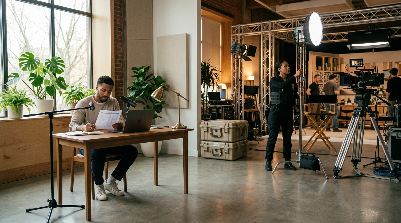 Split scene compares filmed presenter and empty studio, contrasting AI avatars for training